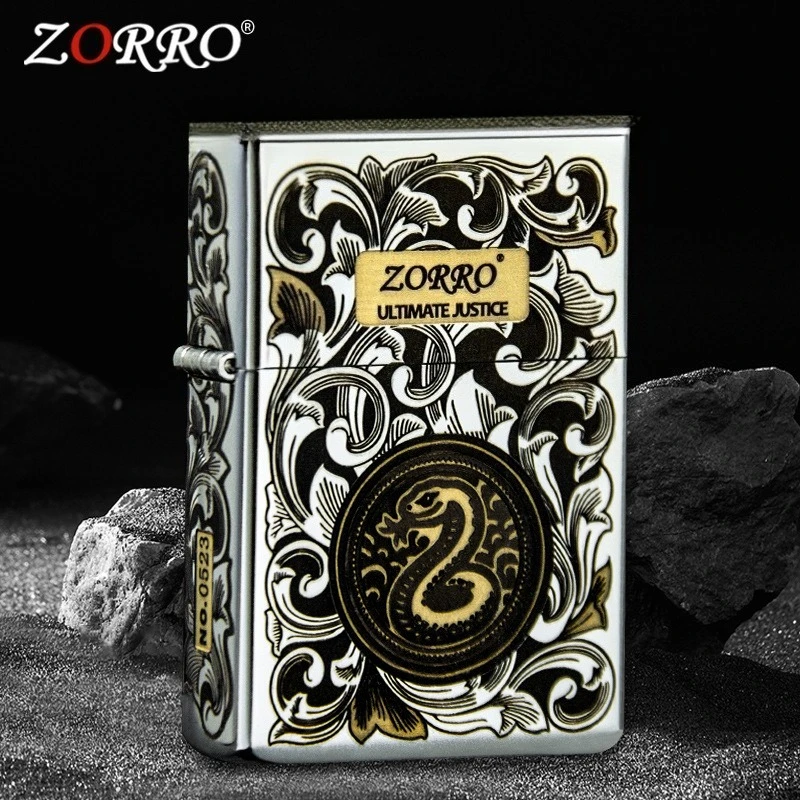 ZORRO Genuine Chrome-plated Tang Grass Snake Chrome-plated Tang Grass Lion Kerosine Lighter, Finely Carved Handmade Gift for Men