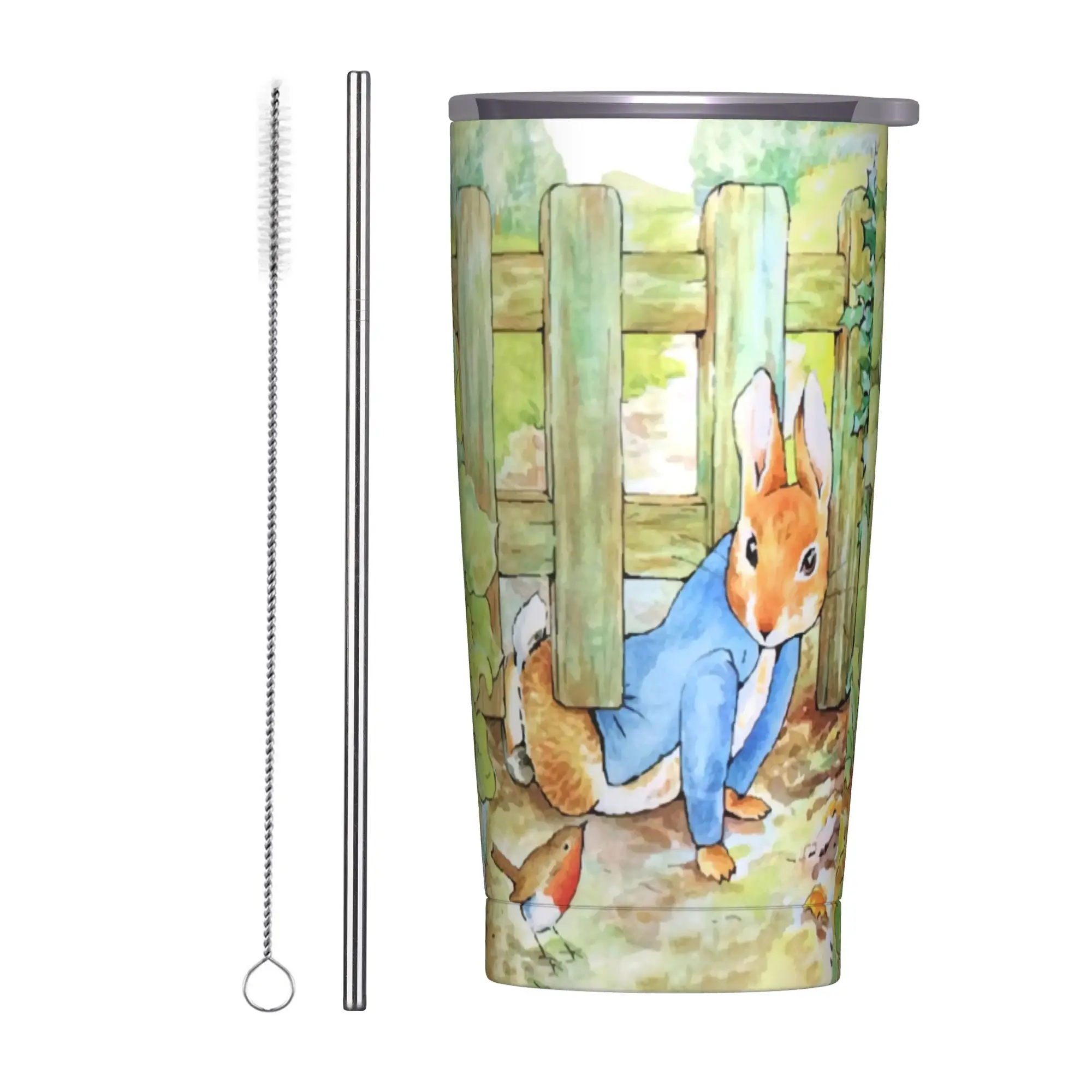Peter Rabbit Insulated Tumbler with Straws Rabbit Fairy Tale Nursery Bunny Family Vacuum Coffee Mugs Double Wall Bottle Cup 20oz