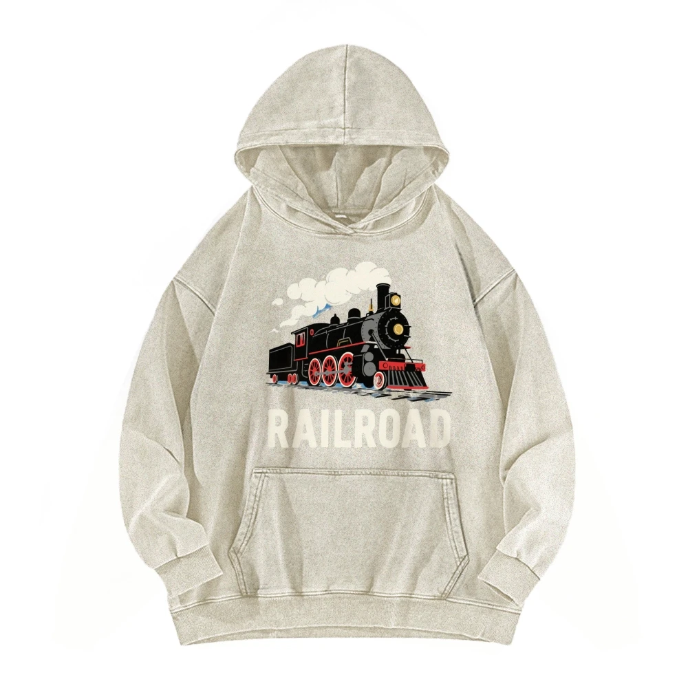 سترة بغطاء للرأس برسومات السكك الحديدية على شكل قطار بخاري عتيق، بلوفر مغسول باللون الوردي القديم مع تصميم قاطرة كلاسيكي لنمط السكك الحديدية العتيق #2