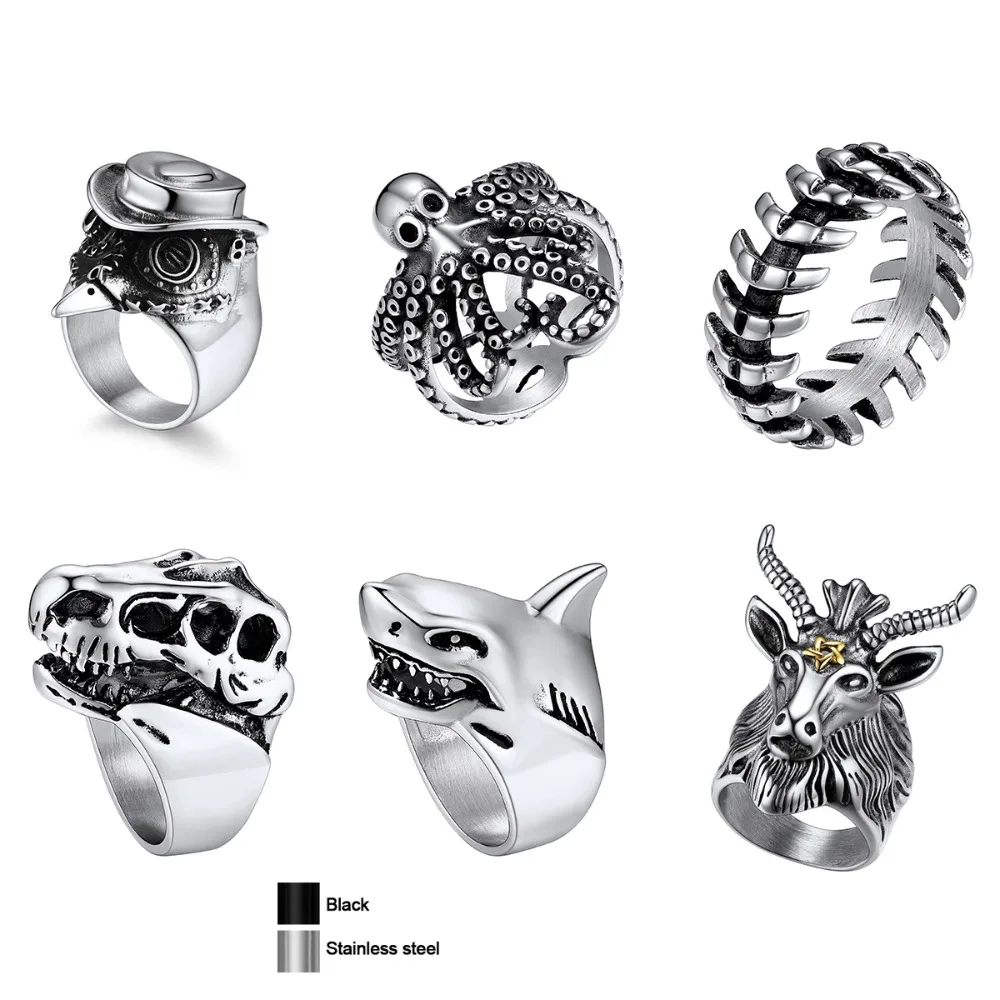 

U7 Stainless Steel Big Rings for Man Bird Goat Octopus Shark Serpent Snake Bone Charm Size 7-14 Rock Punk Animal Skull Jewelry