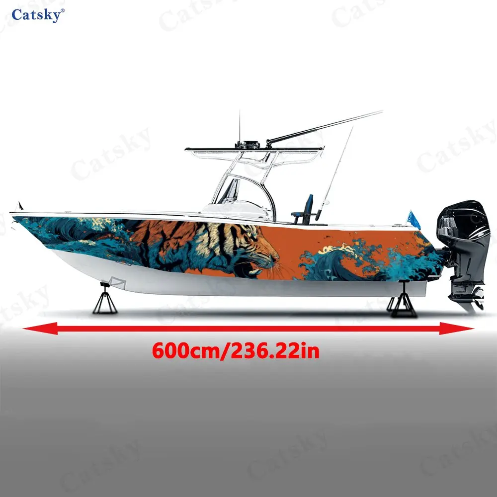 Ukiyo-e Style Tiger Roaring Wave Boat Stickers, PVC Waterproof Vinyl Wrap Decals for Fishing Boats, Durable and Stylish Design