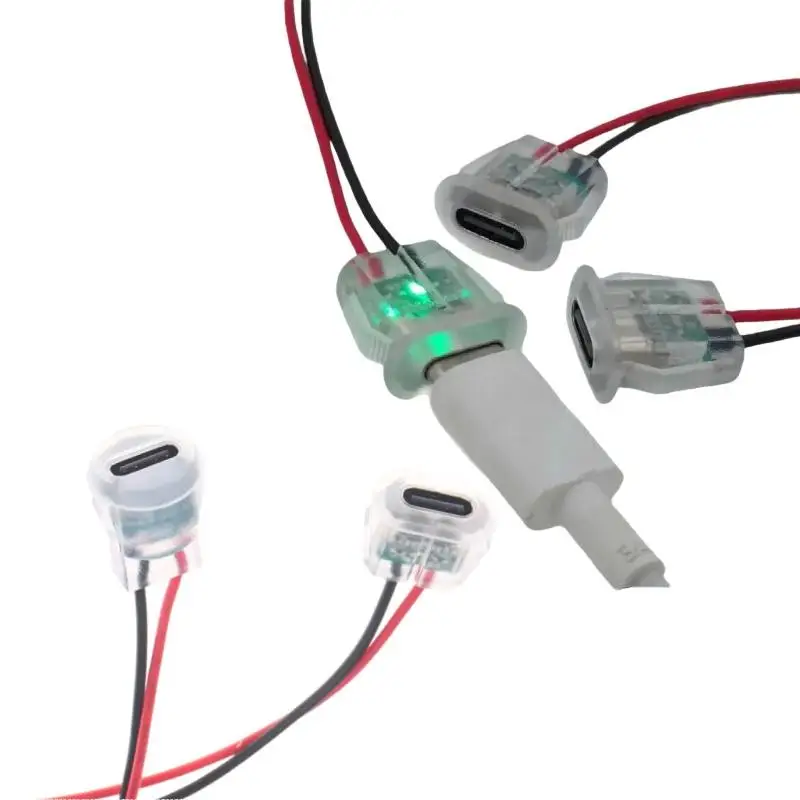 Waterproof USB-C Power Port Female Connectors Transparent 2Pin USB Type-C With LED Lights Input Type Charging Socket