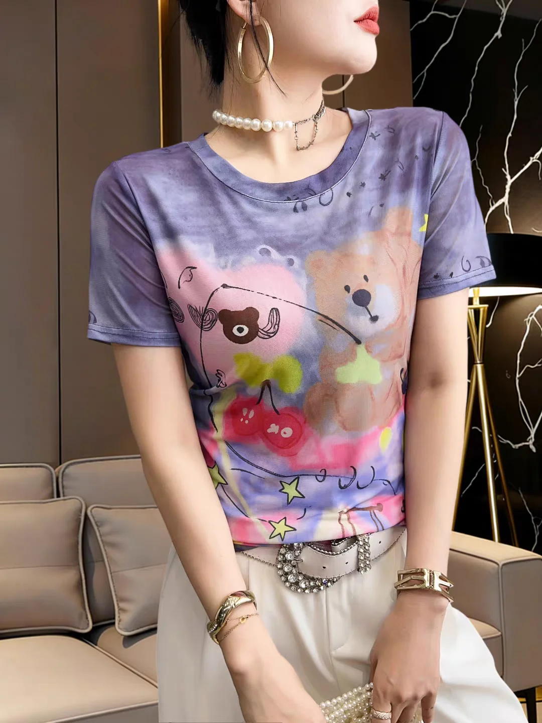 Women's Summer Cartoon Print Mesh Short Sleeve T-Shirt, Ombre Gradient Blouse, Youthful & Flattering Casual Top, Trendy 2026