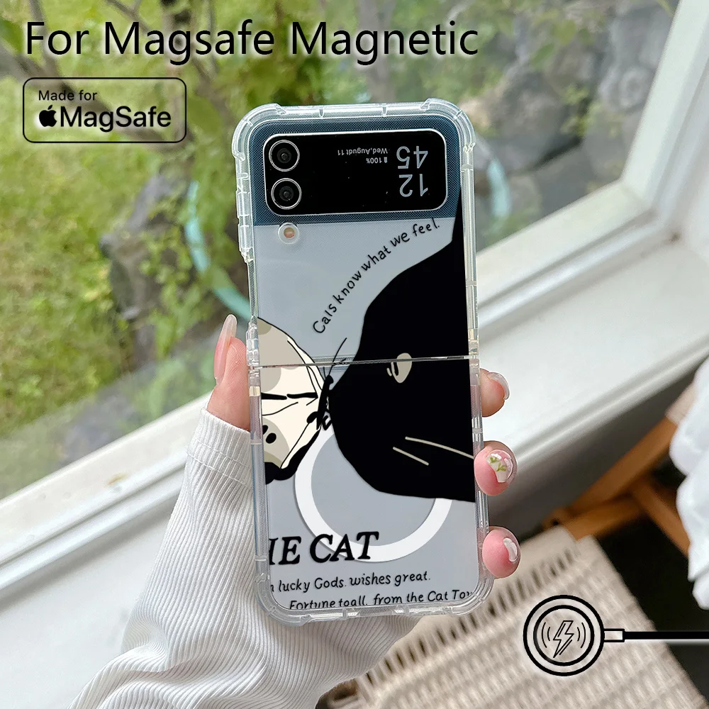 Cute Cartoon Funny Black Cat Magsafe Magnetic Phone Case for Samsung Galaxy Z Flip 3 4 Z Flip 5 6 Z 5G Transparent Back Cover