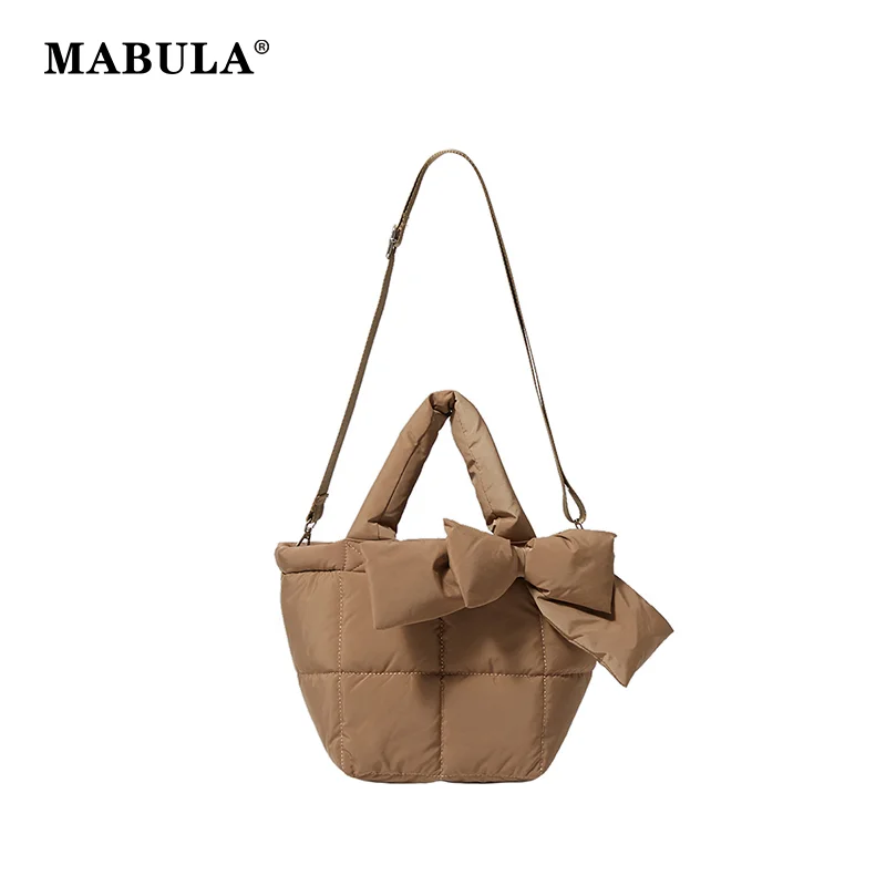 

MABULA Padded Down Woman Tote Handbag Fluffy Quilted Down Bow Crossbody Purse For Woman Solid Lightweight Luxury Design Lady Bag