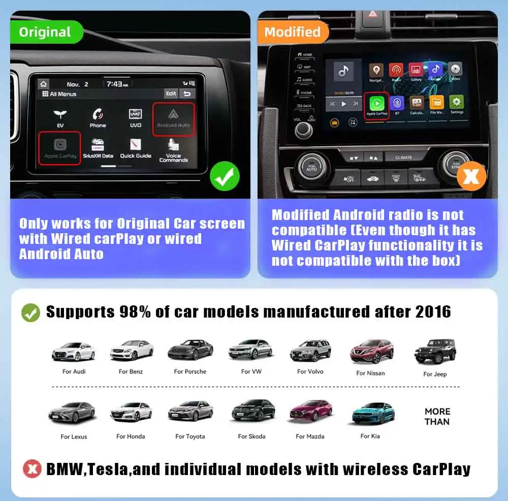 Caja de adaptador inalámbrico para coche, dispositivo 2 en 1 con Android, CarPlay, Spotify, para Mazda, Toyota, Mercedes, Peugeot, Volvo, compatible con Netflix, 2024