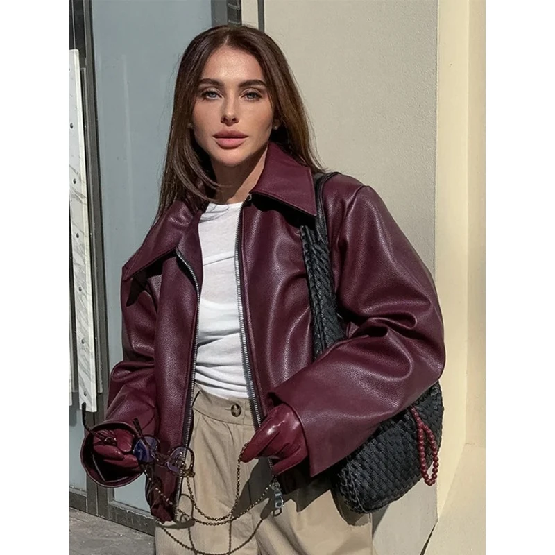 Elegant Burgundy Faux Leather Jackets Women Fashion Lapel Zipper Long Sleeve Female Coats 2024 Autumn Winter Lady Street Outwear