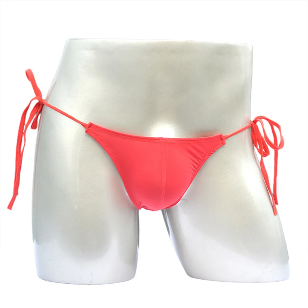 Cueca com cordões de seda gelada para praia, piscina de cintura baixa, roupa íntima leve de praia, biquíni sexy, bolsa U convexa, 1 pc