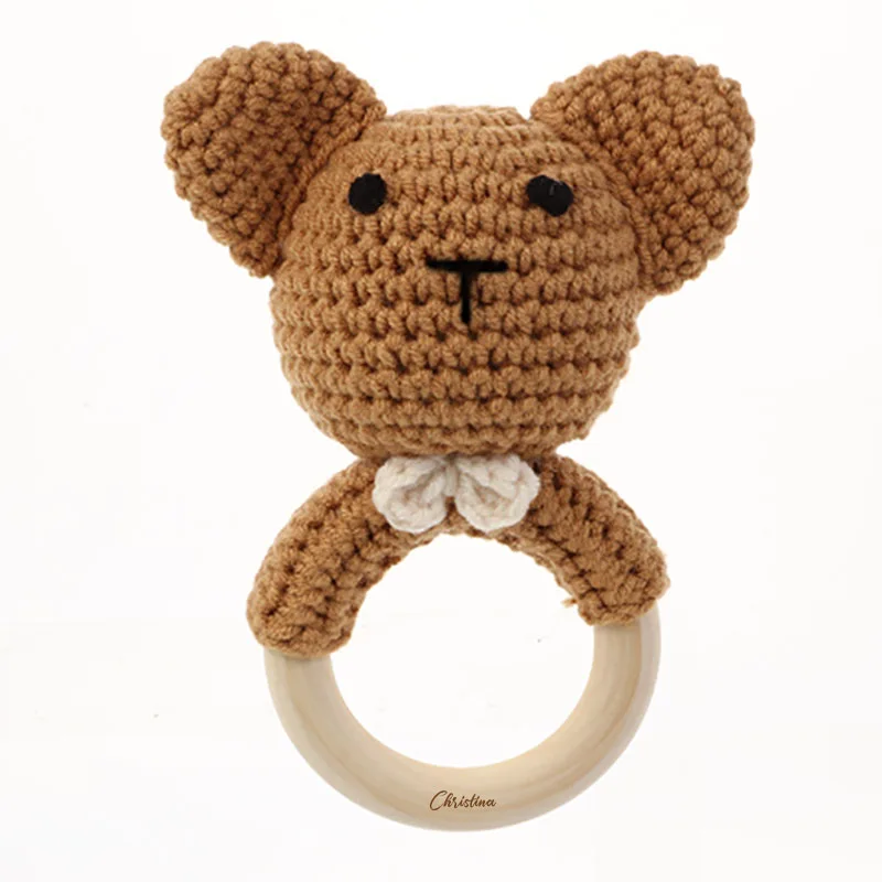 1Pc Cotton Crochet Baby Toys Cartoon Animal Wooden Ring Grasping Toys For Infant Educational Toy Gift Personalized Name