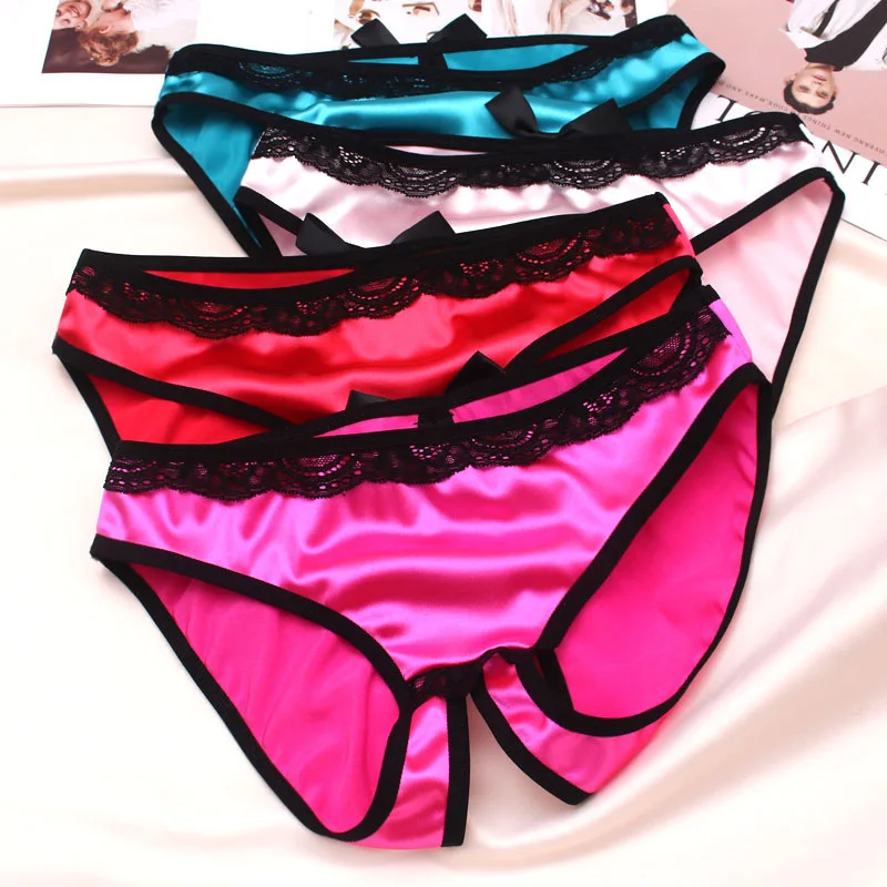 Open Crotch Underwear Women Sex Panties Low Rise Briefs Luxury Satin Silky Smooth Underpants Ladies Hollow Out Erotic Lingerie