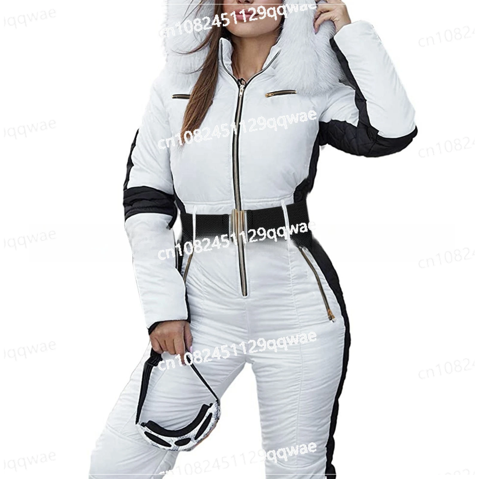 Women One Piece Ski Suit Winter Snowboard Jumpsuit Waterproof Windproof Thicken Hooded Outdoor Sport Wear for Mountain Hiking