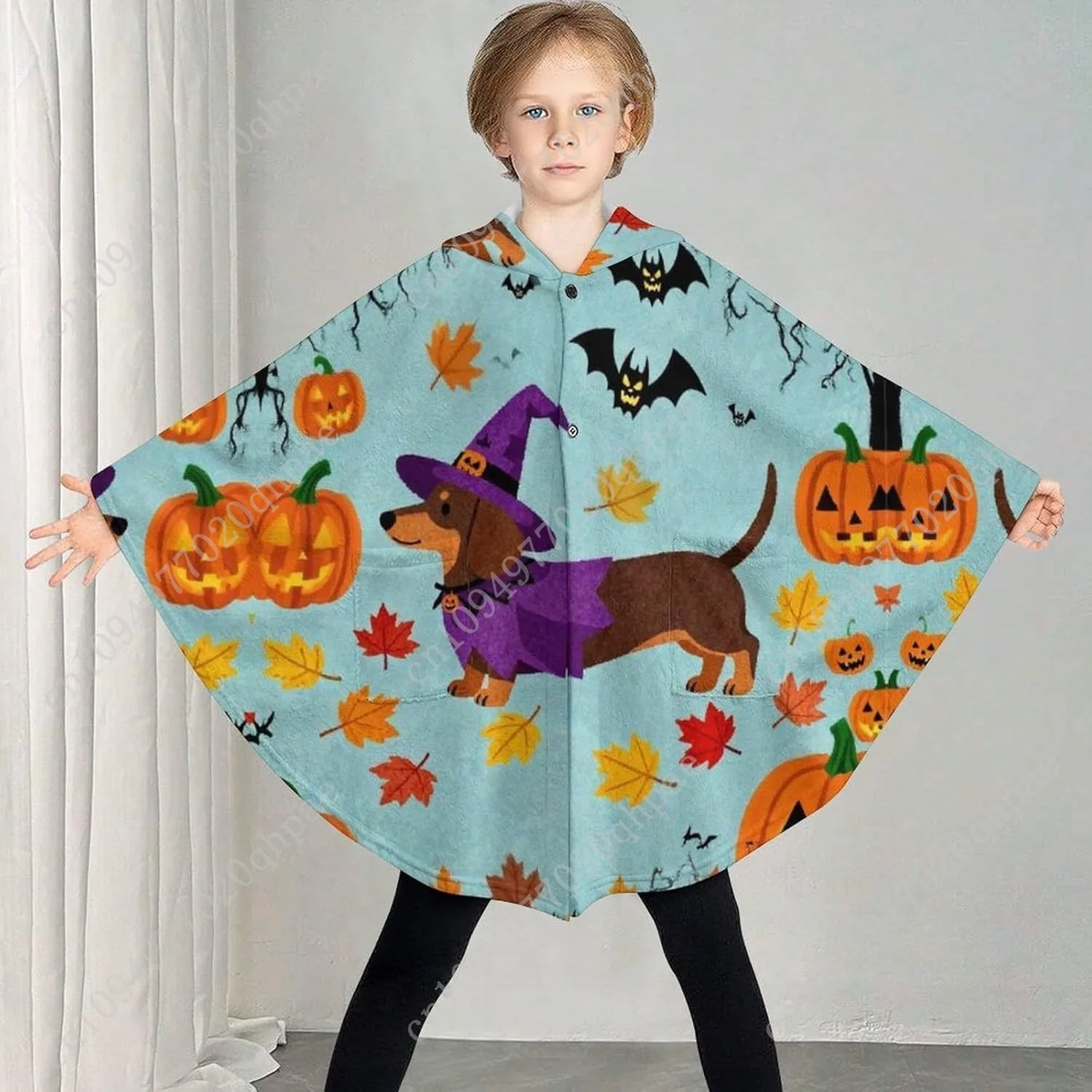 سترة بطانية مريحة من الفلانيل، هوديي كبير الحجم للهالوين Dachshund Bat Pumpkin مع جيوب للأطفال والمراهقين