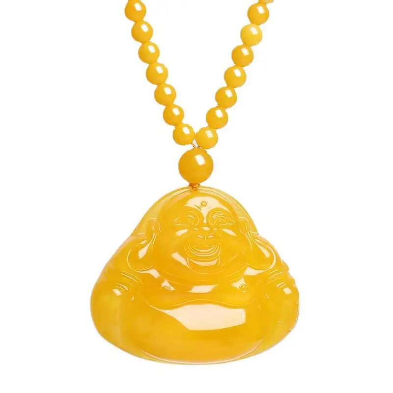 Beeswax Carved Maitreya Buddha Pendant Amber Sweater Chain Hanging Women's Model