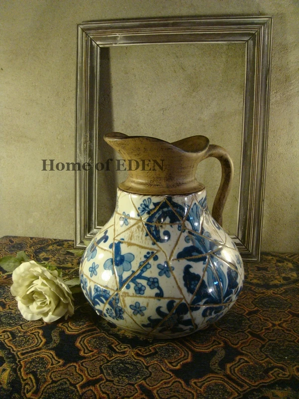 Retro Nostalgic Italian Hand-Painted Antique Blue and White European Style Handle Pot Ceramic Vase