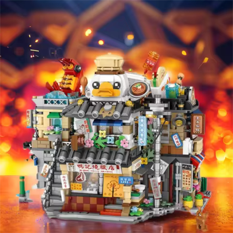 Idea City Street View Mini Block Snack Steamed Vermicelli Roll Shop Roast-Duck Seafood Food Stalls Restaurant Build Brick Toys