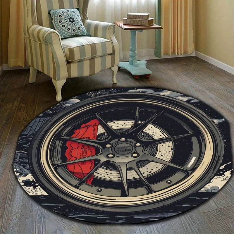 Car Wheel Hub Round Rug Flannel Automotive Design Racing Enthusiast Home Decor Garage Workshop Floor Mat