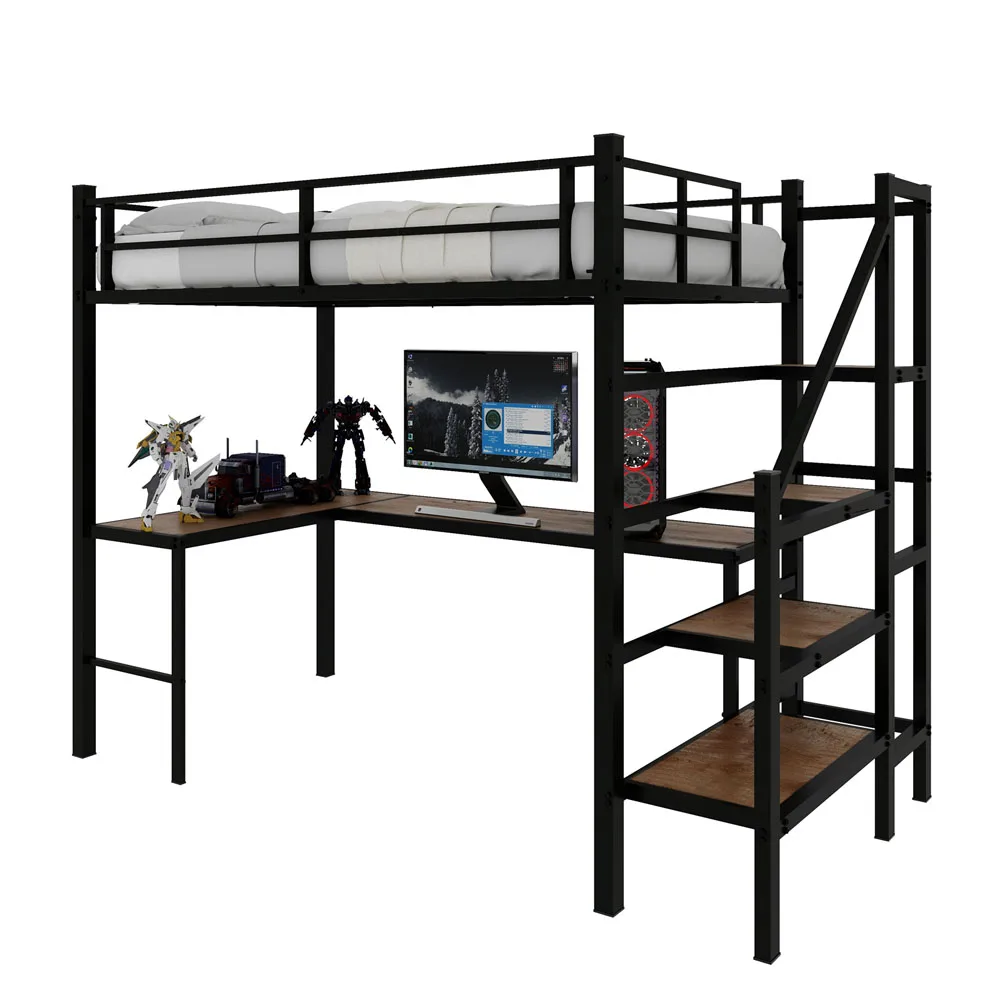 90x190cm Hohes Hochbettgestell mit L-förmigem Schreibtisch, platzsparendes Einzel-Hochbett mit Treppe, durchgehenden Sicherheitsgeländern, geräumigen Ablageflächen und Staufächern, stabiles Hochbett für Schlafzimmer, Teenager- und Erwachsenen-Schlafzimmermöbel – Detail 10