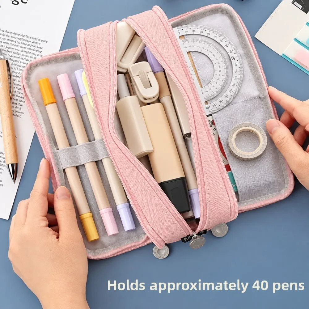 Durable Fabric Double Window Pencil Case Solid Color Wear Tough Solid Color Pencil Pouch Spacious Interior Portable Shape