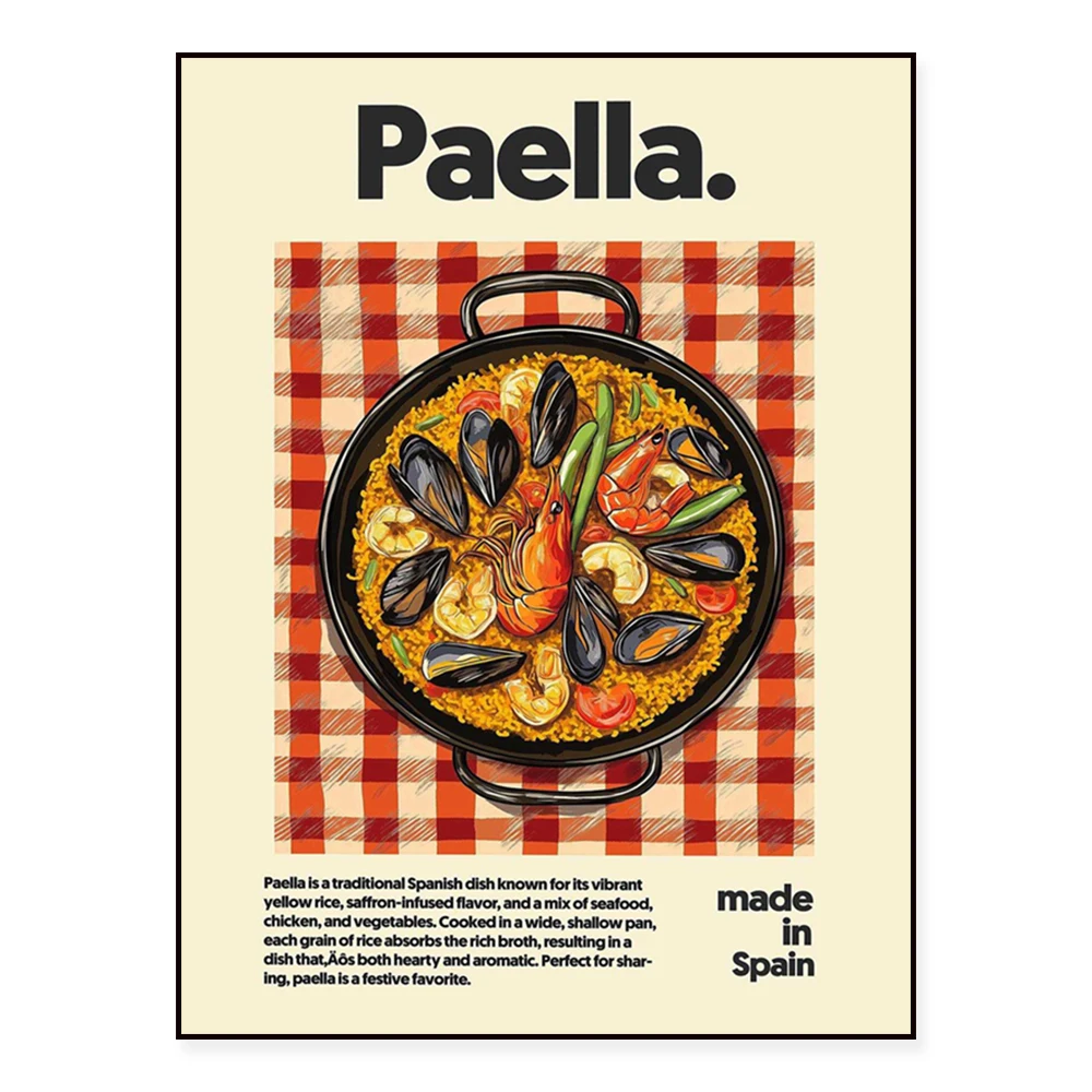 Grilled shrimp, schnitzel, curry, Korean barbecue, ramen, tortillas, beef patties, chicken pho, paella, baking art food posters