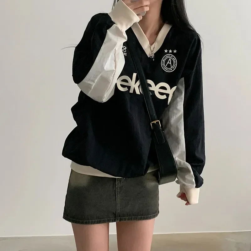 Letter Print American Casual Hoodie Women Loose V-neck Contrast Color All-Match Pullover Baseball Top