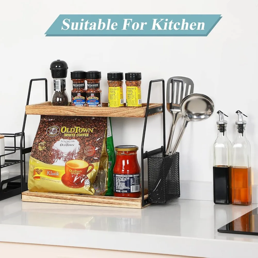 منظم طاولة الحمام، رف تخزين قائم من طبقتين مع سلة، صينية خشبية لمنظم الغرور للعناية بالبشرة