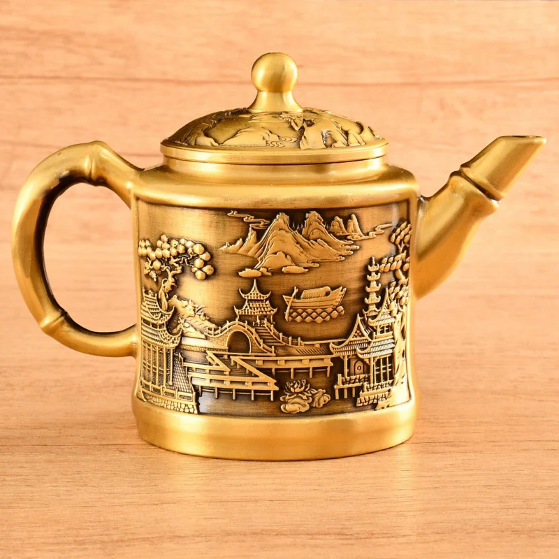 Brass Chinese Dragon and Phoenix Little Teapot Antique Crafts Handle Pot Office Tea Table Decoration Copper Ware Ornaments Whole