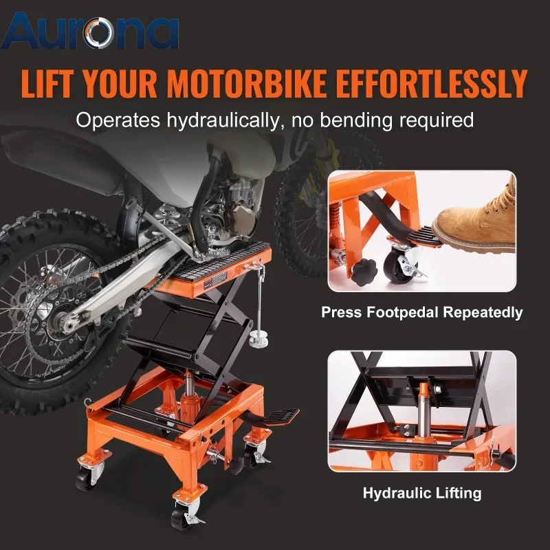 【Industrial】Hydraulic Motorcycle Lift Table 135KG Capacity Motorcycle Scissor Jack Lift With Wide Deck, J-hooks, 4 Wheels For