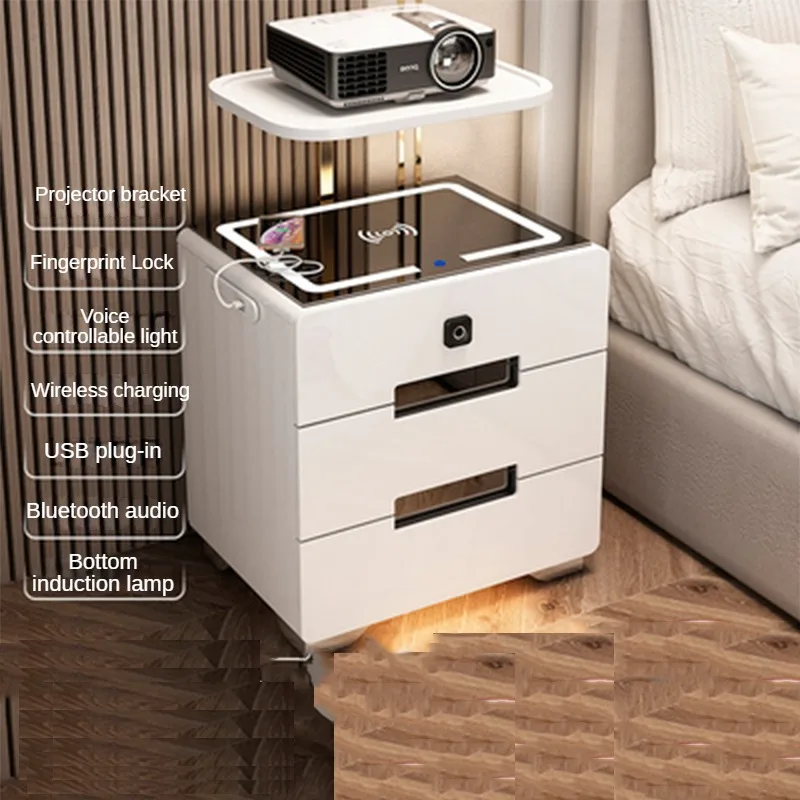 Smart Multi-Function Bedside Table Wireless Bluetooth Speaker Fingerprint Lock Projection Bracket LED Light Bedroom Nightstand