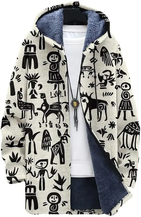 Men's Aztec Jacket Long Cardigan Hoodies Western Cowboy Fleece Lined Full Zipper Cable Knit Lined Sweater Coats 02