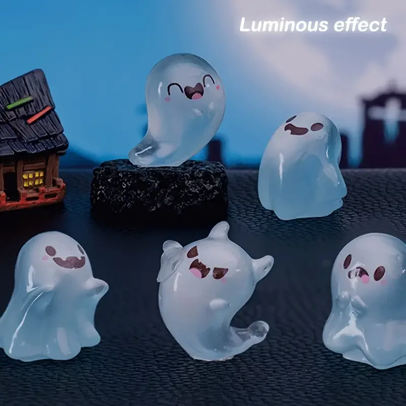 6Pcs Glowing Ghosts for Halloween Resin Decorations, Glowing Ghost Keychains, Doll Pendants, Glowing Elf Micro Landscape Decor