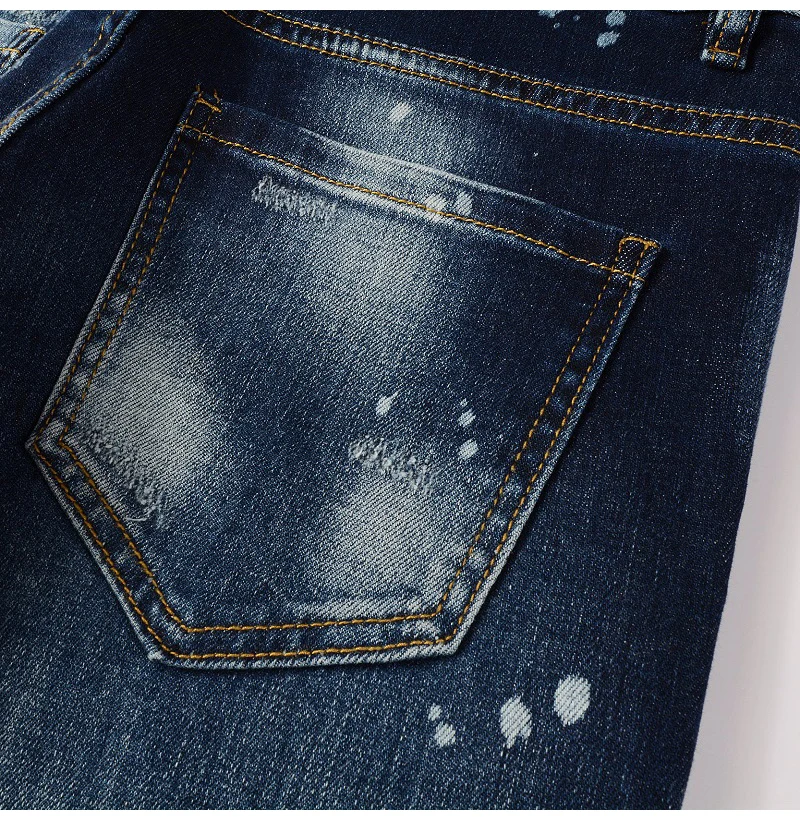 Herren Jeans mit Löchern und Patchwork-Design, Streetwear, dunkelblau, Stretch-Hose, bemalte Skinny Tapered Hose – Detail 12