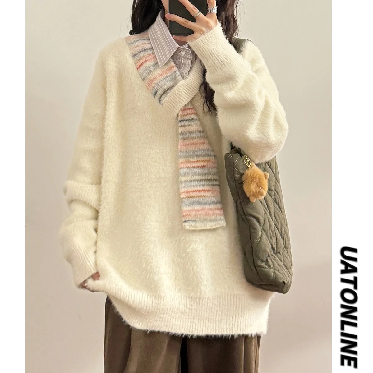 

UATONLINE2025 осень-зима повседневный трикотаж с v-образным вырезом женский модный лоскутный дизайн Ne теплый интегрированный модный топ