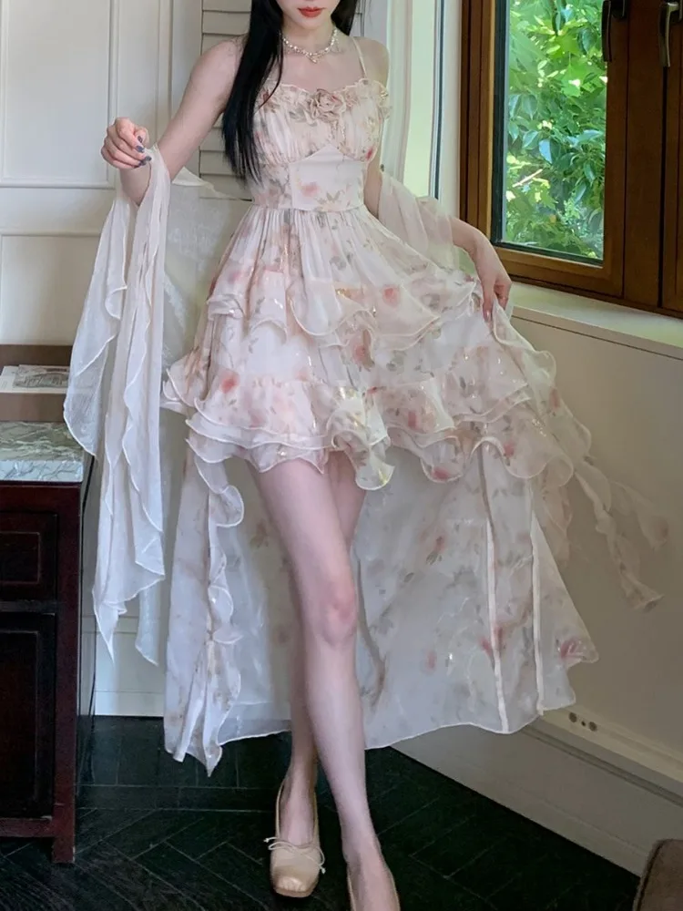 

Свободный кардиган средней длины, женская рубашка Y2k, японское кавайное милое винтажное платье-бретелька с цветочным принтом, комплекты из двух предметов