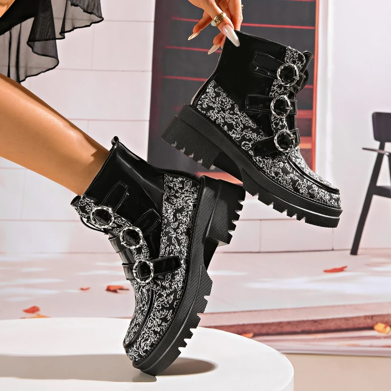 Thick-soled Round-top Buckle Multi-color Waterproof Platform Stylish Versatile Comfortable Anti-slip Breathable Women's Boots