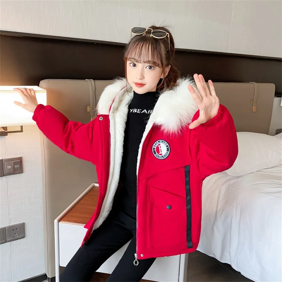 5-14 Years Teen Girls Winter Jacket Plus Velvet Warm Kids Windbreaker Coat For Girls Fur Collar Hooded Parkas Children Outerwear