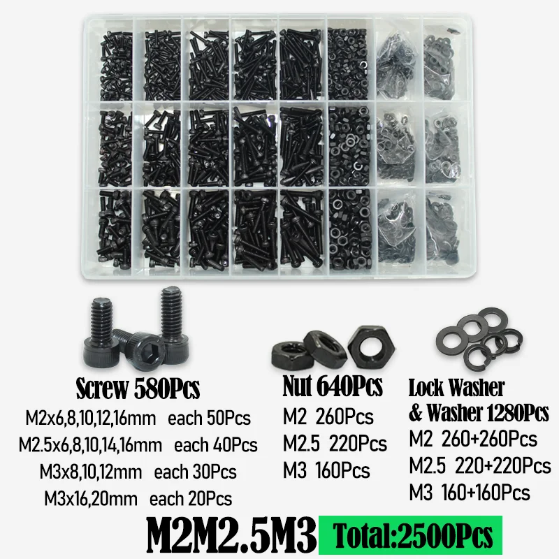Schwarzes Sechskantschrauben-Sortiment-Kit m2 m2, 5 m3 m4 m5 m6 din912 2,5 Sechs kant Innen sechs kant kappe metrische Inbus muttern Schrauben und Unter leg scheiben – Detail 6