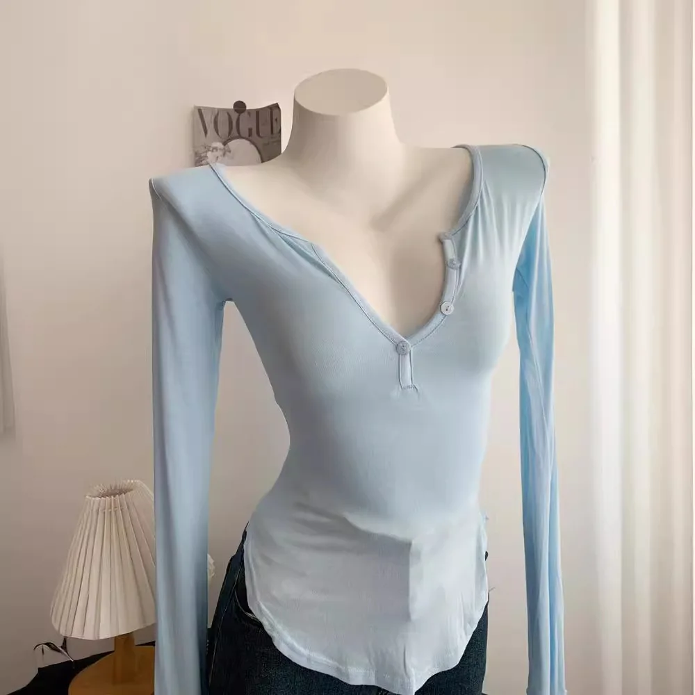 Sexy Long Sleeve T-Shirt Tight Fit round Hem Button Sun Protection Shirt V Neck Modal Fabric Summer Women's Fashion Top