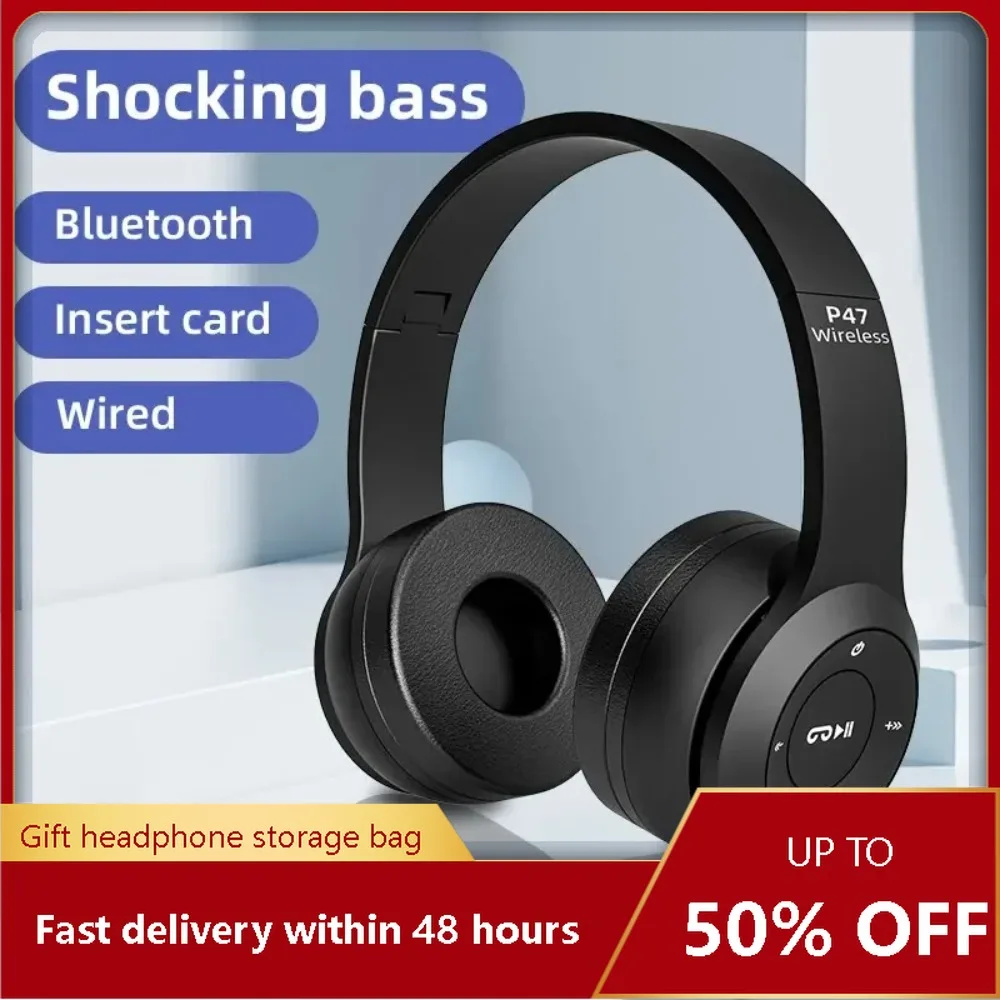 

P47 Foldable Wireless Bluetooth 5.0 Headphones: HIFI Stereo Bass Earphones for Kids Girls Music Gaming&Smartphone Audio Devices