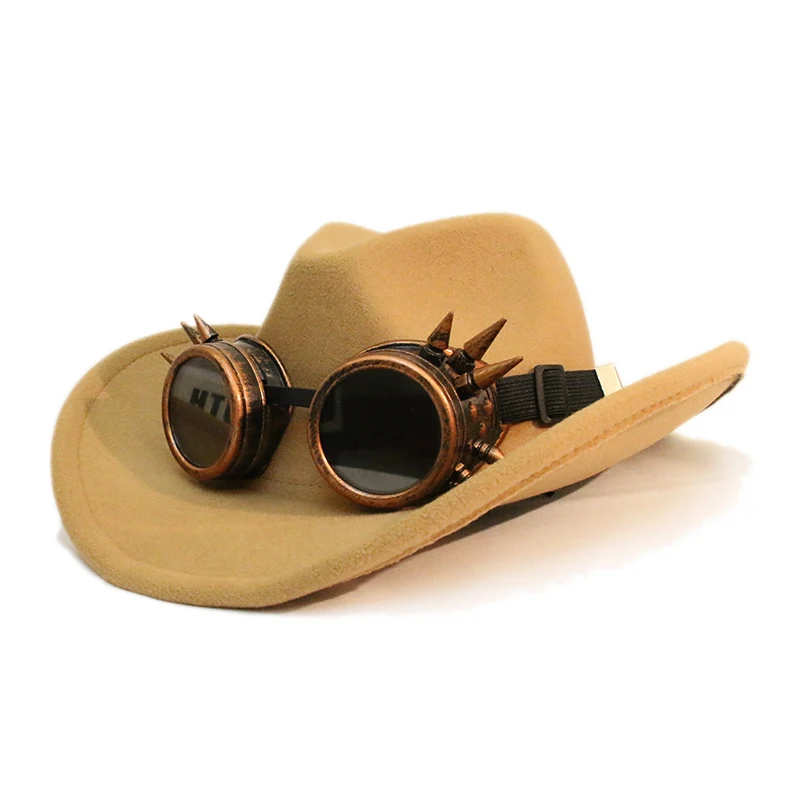 Parent-child Western Cowboy Hat Gothic Children Retro Autumn and Winter Woolen Big Brim Hat Rivet Goggles Steampunk Hat