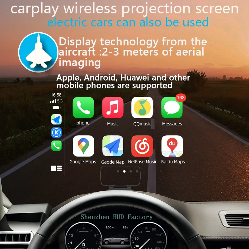 HUD navigator;Split HUD;speedometer,altimeter;Wireless CarPlay/Hicar/Android Auto Screen mirroring;2-3 meters of aerial imaging