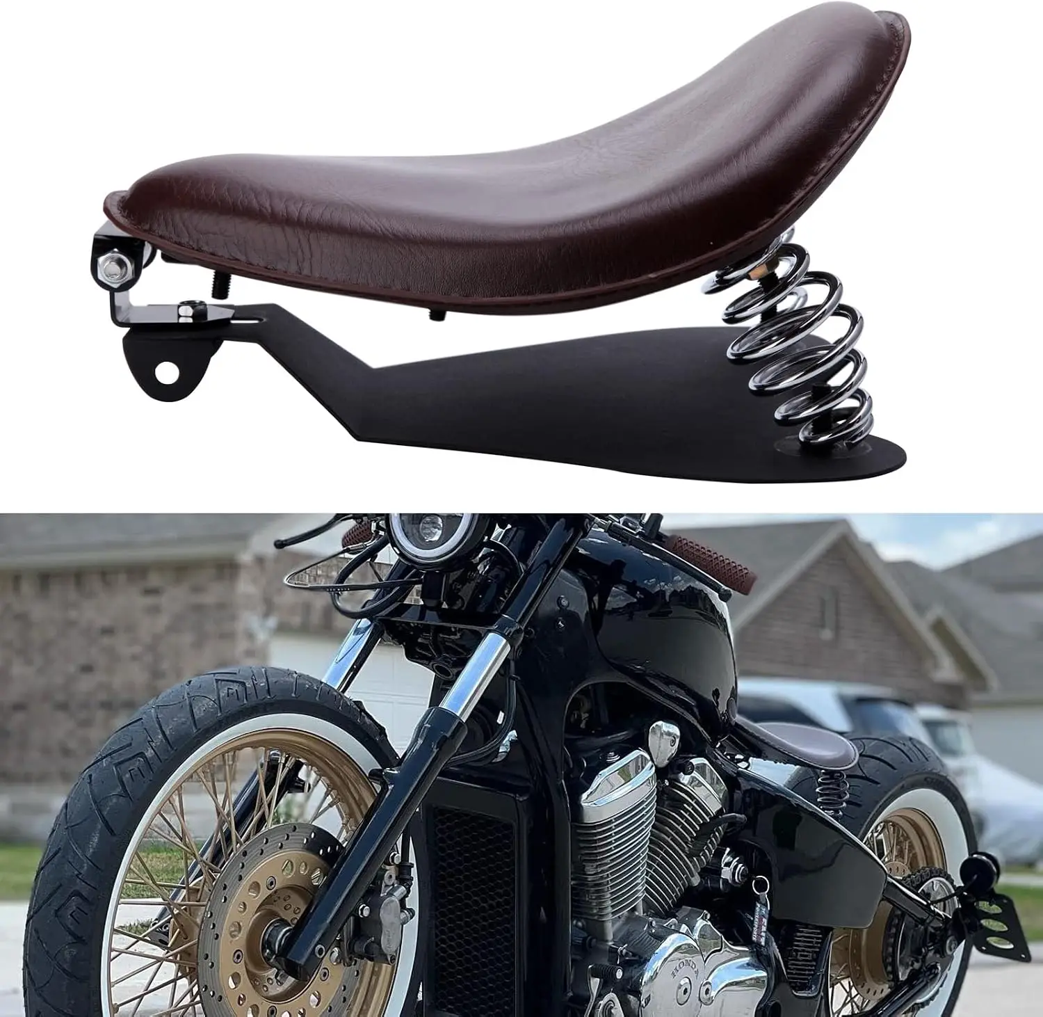 Brown Leather Motorcycle Solo Seat, Spring-Mounted Saddle with Baseplate, Low-Profile Seat for Cruiser Chopper Bobber Bikes