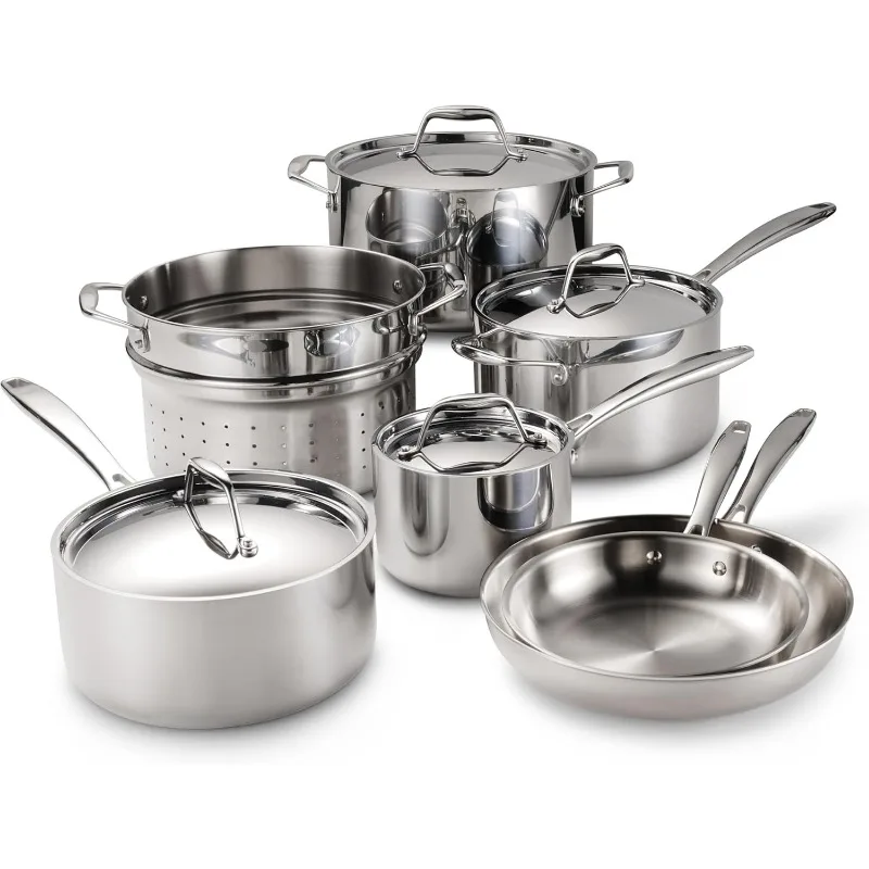 

Tri-Ply Clad Stainless Steel 11-Piece Cookware Set with Lids, Pots and Pans Kitchen Set, Induction-Ready, Dishwasher-Safe