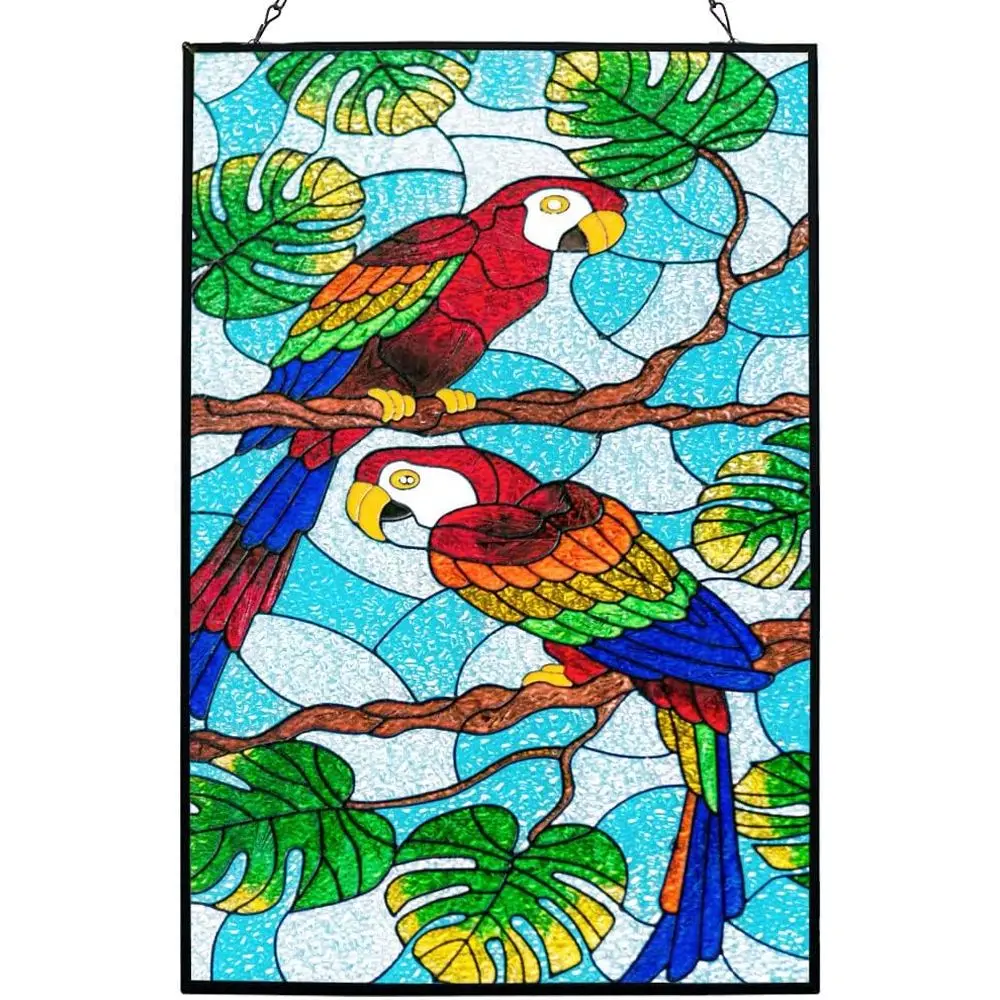

Подвеска на окно из витражного стекла с изображением попугая, 15,2 дюйма, ручная роспись, с тропическими растениями, с цепочкой
