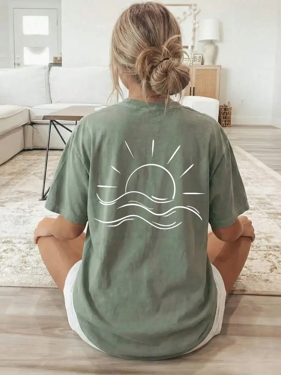 2026 Fashion New Arrival White Line Sun And Sea Graphic Print Womens Loose Crew Neck Short Sleeve T Shirt Double Sided Print Summer Casual Wear Tee Basic Top T Shirt
