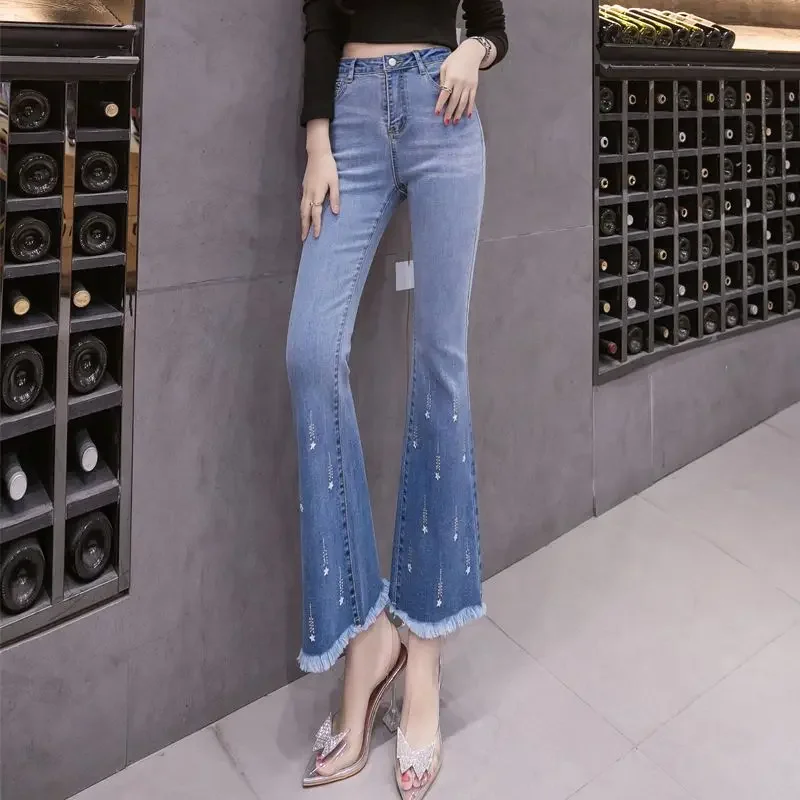 High Waist Shot Trousers Denim Pants Woman Short Bell Bottom Blue Flared with Pockets Jeans for Women Cropped Flare and Capris R