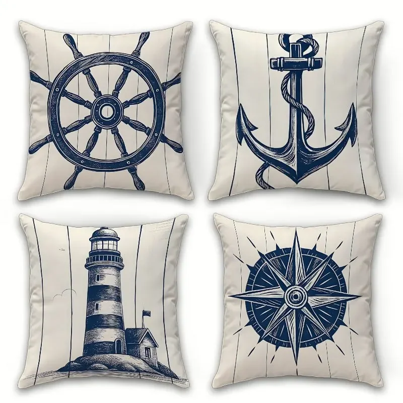 Nautical Theme 4-Piece Throw Pillow Set with Ship Wheel, Anchor, and Lighthouse Designs for Coastal Decor