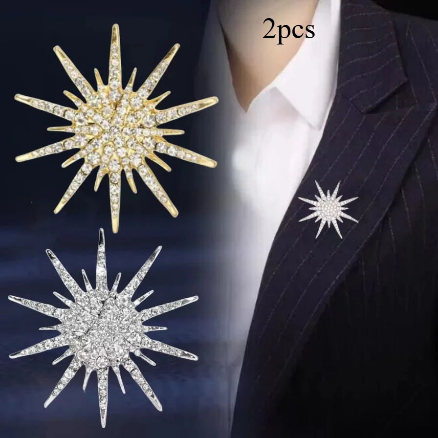2Pcs Luxury Rhinestone Octagonal Star Brooch Retro Star Brooch Lapel Pin Corsage Collar Clothings Women Men Badge Accessories Gi