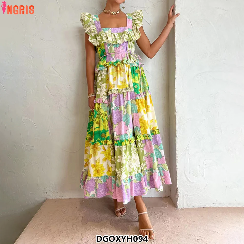 

2025 European Chic Color Block Flower Print V Neck Sleeveless Long Dress Women's Summer Midi Dresses-DGOXYH094