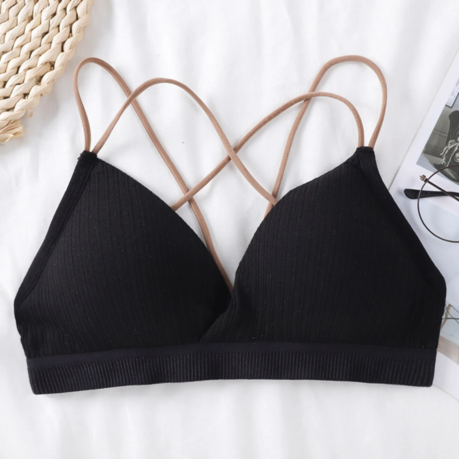 2024 New Women Binding Without Ring Bras，Wrap Sports Bra，Cross Straps Sling Chest Pad Vest No Rings Cotton Underwear Bra