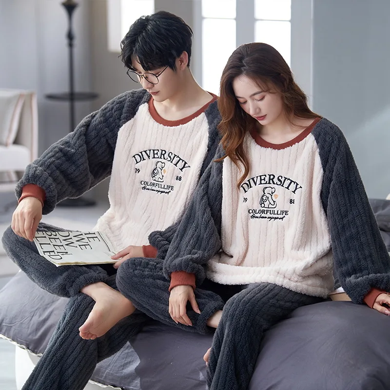 

Couple Sleepware Suit Women Winter Pajamas Coral Fleece Men Pyjamas Female Male Nightwear Pijama Mujer Homewear Homme Dropship